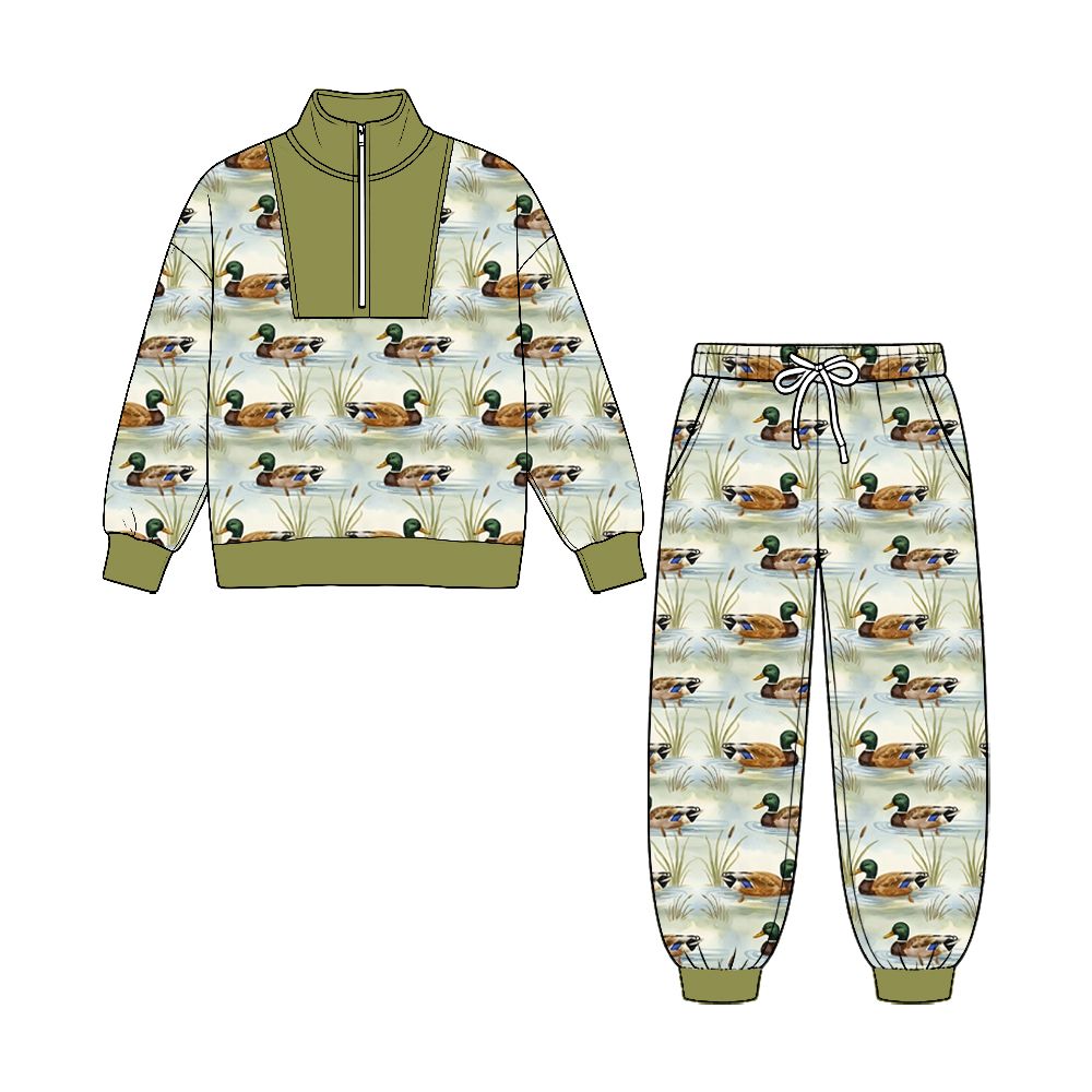 ( No moq ) Preorder Baby Boys Kids Long Sleeves Zipper Shirt Ducks Pockets Pants Set Clothes