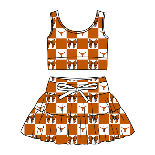 ( Moq 5 ) Baby Girls Kids Cow Bows Checked Tops Shorts Skirt Team Set