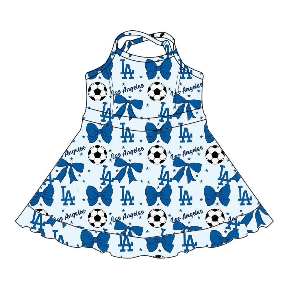 ( Moq 5 each style ) Baby Girl Toddler Team Blue Bows ‌Soccer‌ Sibling Shirt Dress Set