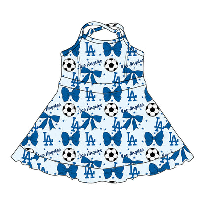( Moq 5 each style ) Baby Girl Toddler Team Blue Bows ‌Soccer‌ Sibling Shirt Dress Set