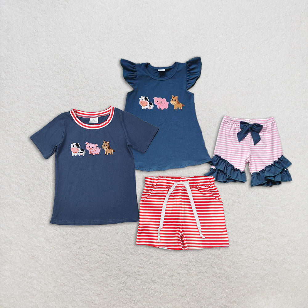 Baby Boy Girl Short Sleeves Embroidery Farm Animals Sibling Set Clothes RTS