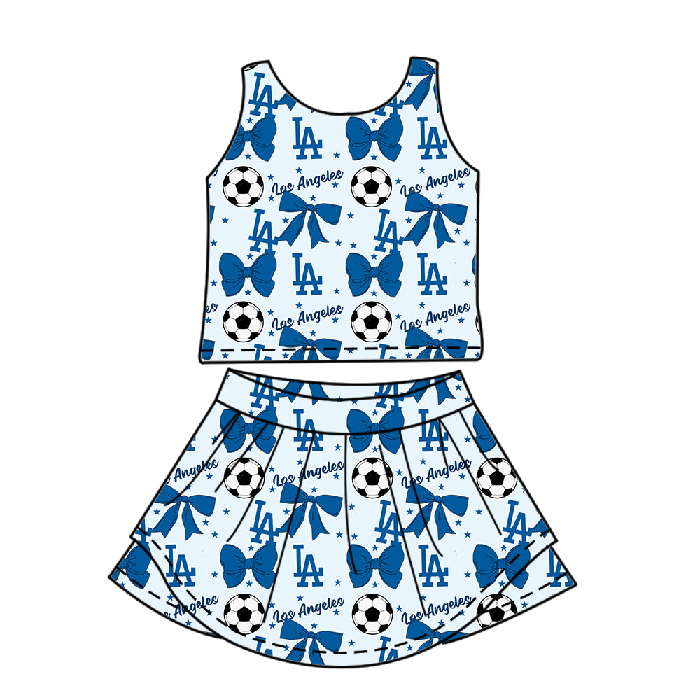 ( Moq 5 each style ) Baby Girl Toddler Team Blue Bows ‌Soccer‌ Sibling Shirt Dress Set