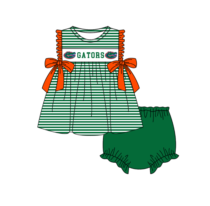 ( Moq 5 ) Baby Girls Toddler Bows Stripes Tops Green Bummie Shorts Team Set 1.29