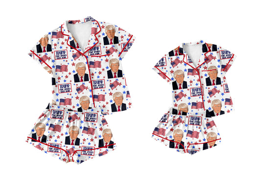 Baby Girl Toddler Adult Women Flags Short Sleeves Shorts Sibling Family Shorts Pajamas Set ( Moq 5 Each Style )11.26