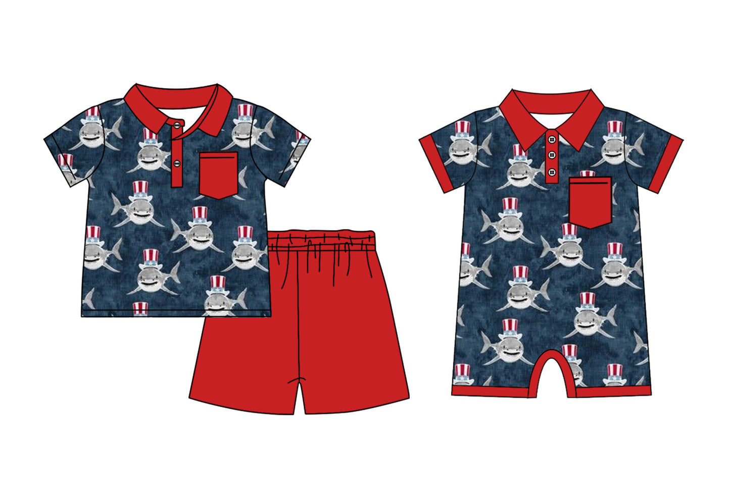 Baby Boy Short Sleeves July 4th Fish Sibling Romper Clothes Set ( Moq 5 Each Design )11.26