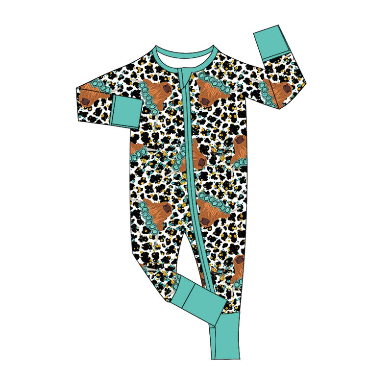 Baby Kids Infant Long Sleeves Cow Turquoise Leopard Western Sleeper Zipper Romper Moq 5