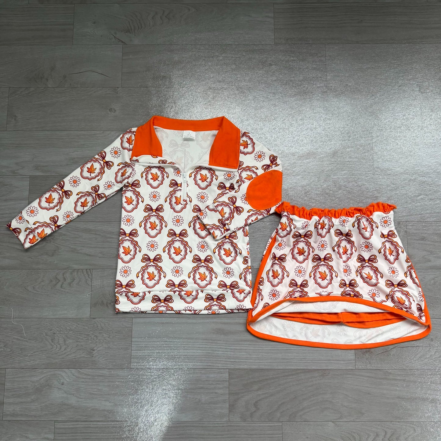 ( No moq ) Preorder Baby Girls Kids Flower Bows Leaves Zipper Shirt Skirt Shorts Set Fall Clothes
