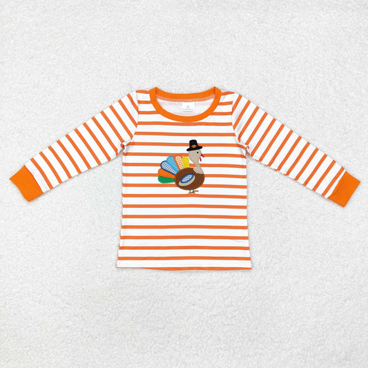 Baby Boy Thanksgiving Embroidery turkey Stripes Long Sleeves Shirt