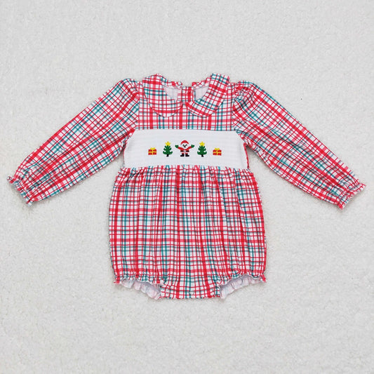 LR0571 Baby Girl Christmas Santa Long Sleeves Plaid Smocked Embroidery One Piece Romper