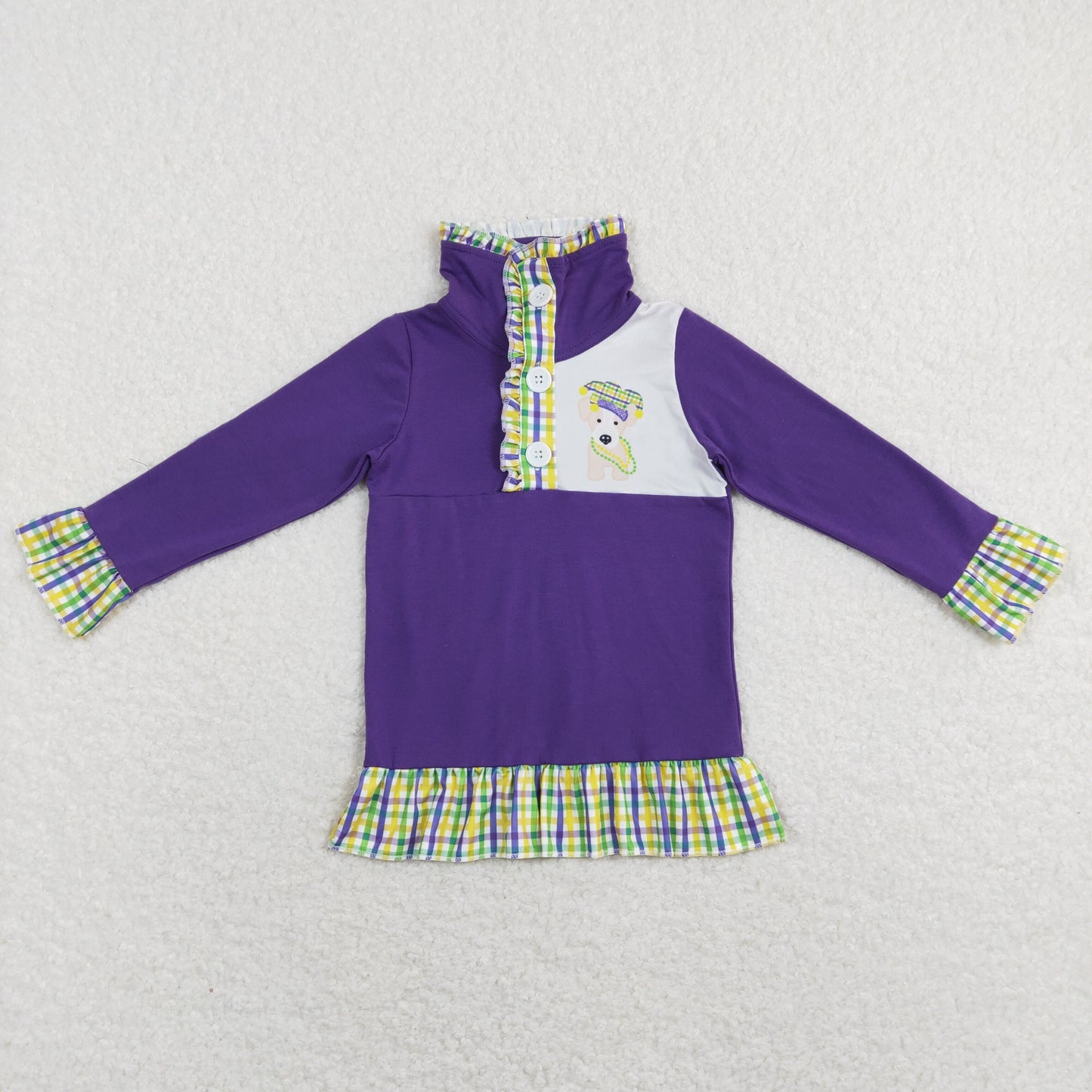 GT0412 Mardi Gras  Baby Girl Long Sleeves Dog Zipper Purple Shirt Tops