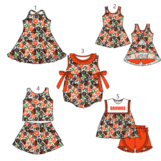 ( Moq 5 Each Style ) Baby Girls Kids Sleeveless Football Flower Dogs Bows Sibling Romper Dresses Sets