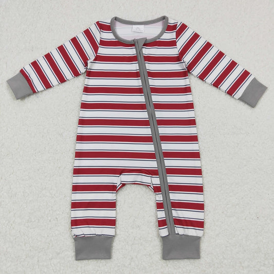 LR0748 Baby Boy Long Sleeves Stripes Zipper Christmas One Piece Romper