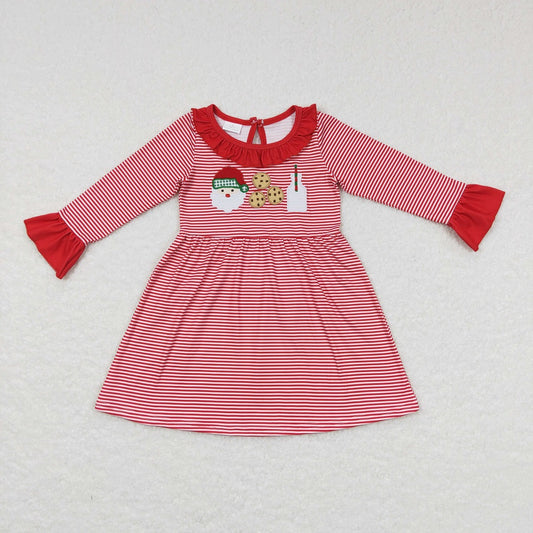 GLD0411 Baby Girl Christmas Santa Cookie Long Sleeves Red Stripes Dress