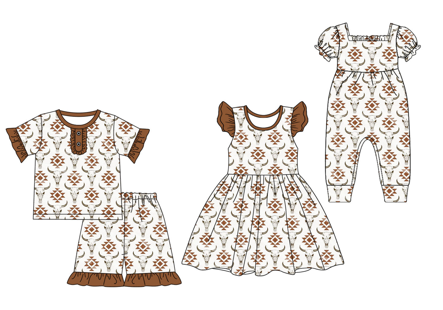 Baby Girl Western Cow Aztec Sibling Romper Dress Set ( Moq 5 Each Style ) 2.10