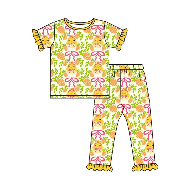 ( Moq 5 ) Preorder Baby Girls Kids Carrots Chicks Bows Shirt Pants Easter Set Pajamas Clothes