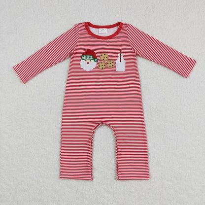 LR0708 Baby Girl Long Sleeves Embroidery Christmas Santa Cake One Piece Romper