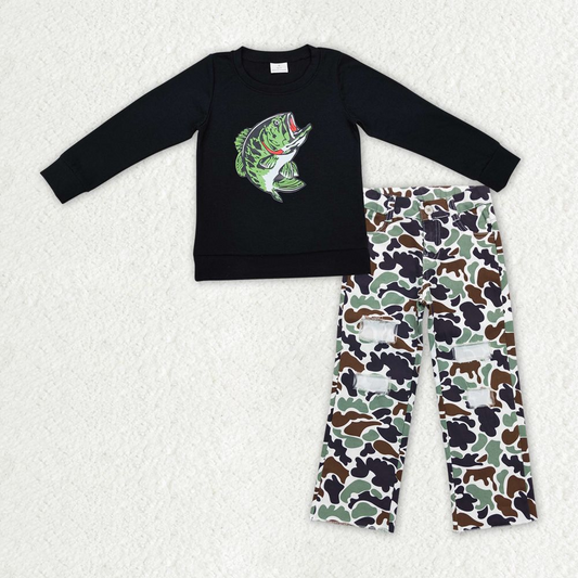 Baby Boy Long Sleeves Fishing Black Shirt Camo Jeans Denim Pants Clothes Set