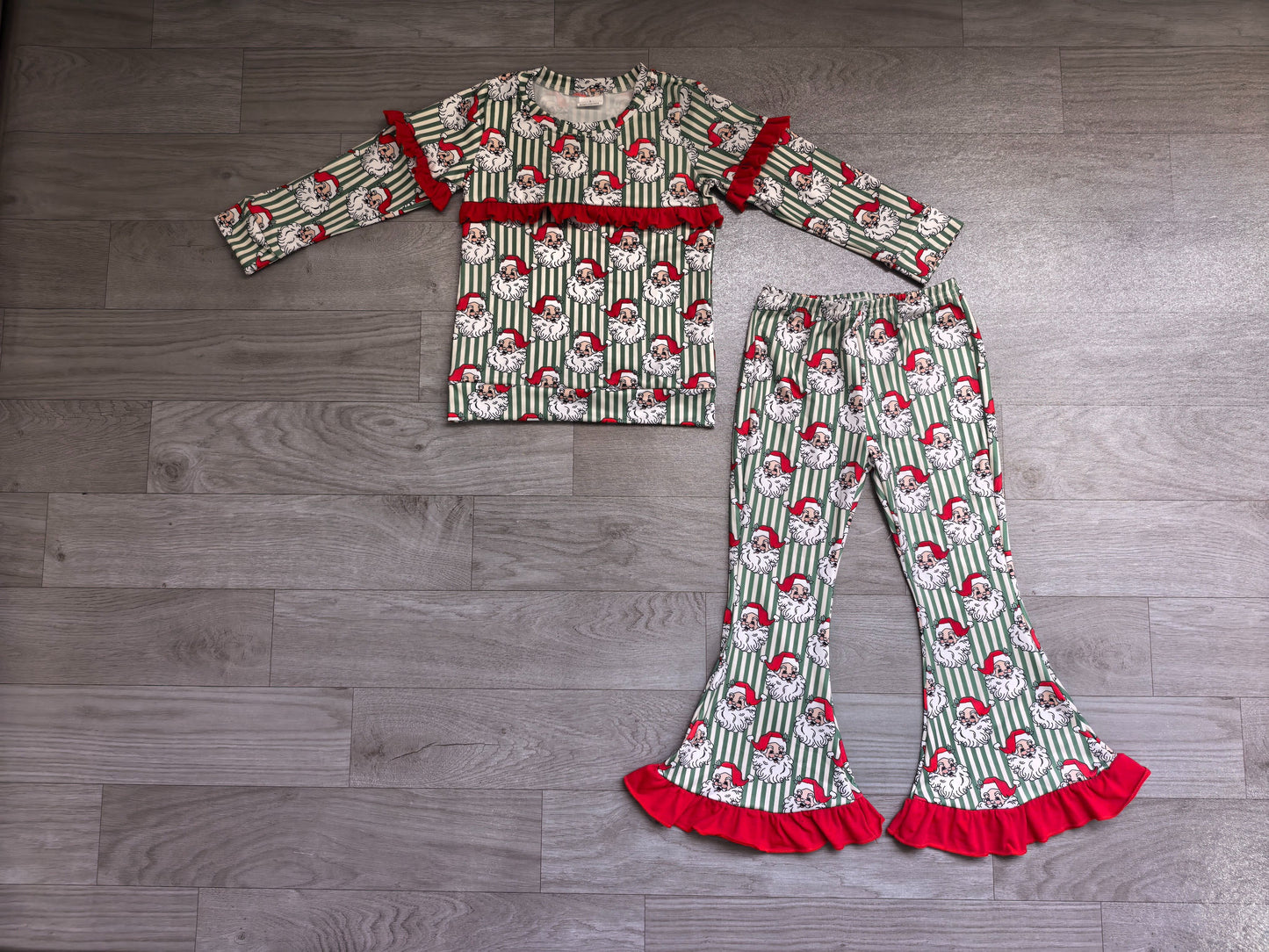 ( No moq ) Preorder Baby Girls Kids Christmas Santa Stripes Ruffle Shirt Bell Pants Set Clothes