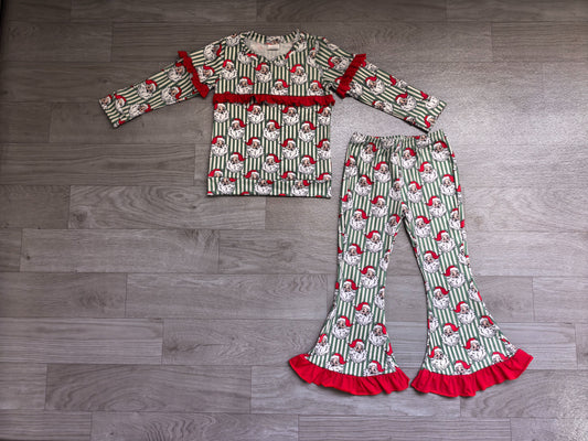Baby Girls Kids Christmas Santa Stripes Ruffle Shirt Bell Pants Set Clothes RTS