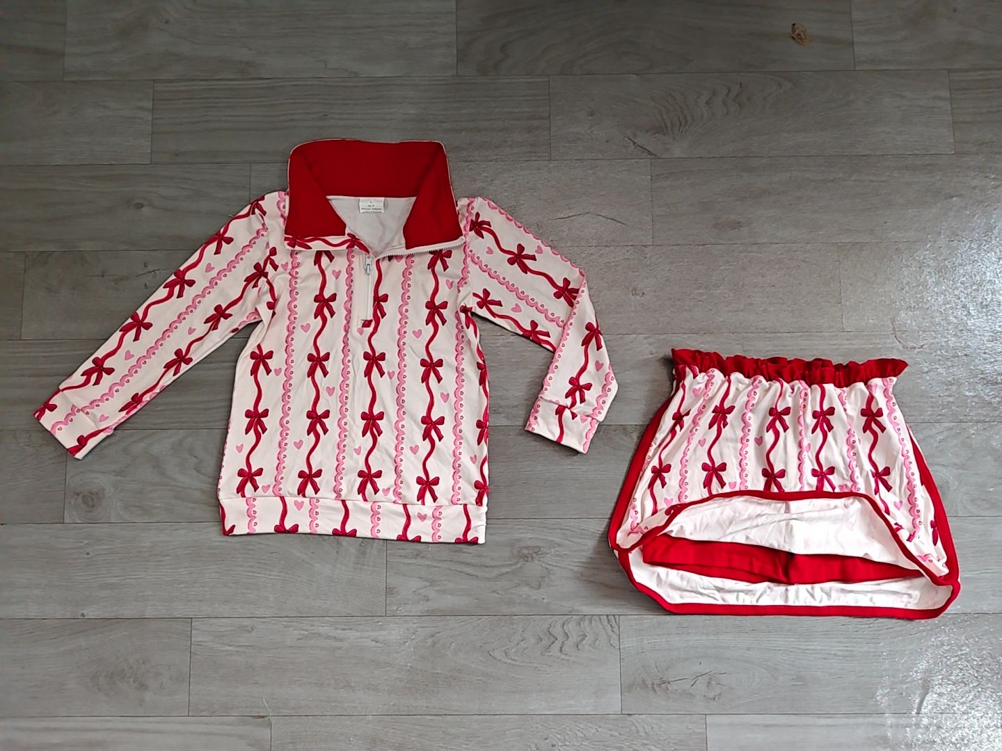 ( No moq ) Preorder Baby Girls Kids Long Sleeves Hearts Bows Shirt Skirt Shorts Valentine Set Clothes