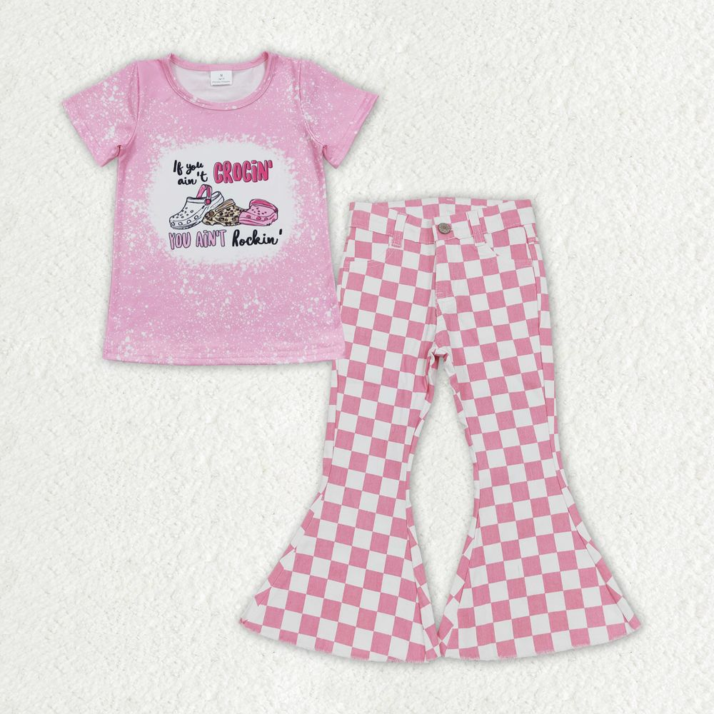 GSPO1408 Baby Girl Short Sleeves Slippers Shirt Pink Checkered Denim Bell Pants Set