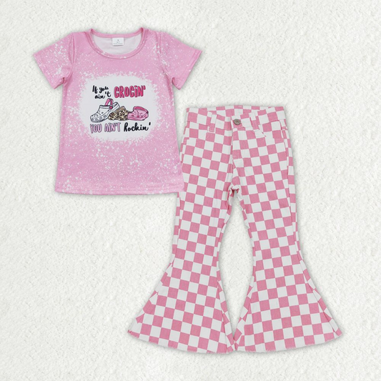 GSPO1408 Baby Girl Short Sleeves Slippers Shirt Pink Checkered Denim Bell Pants Set