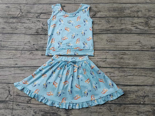 Baby Girl Sleeveless Dog Blue Tops Shorts Skirt Outfit Clothes Set