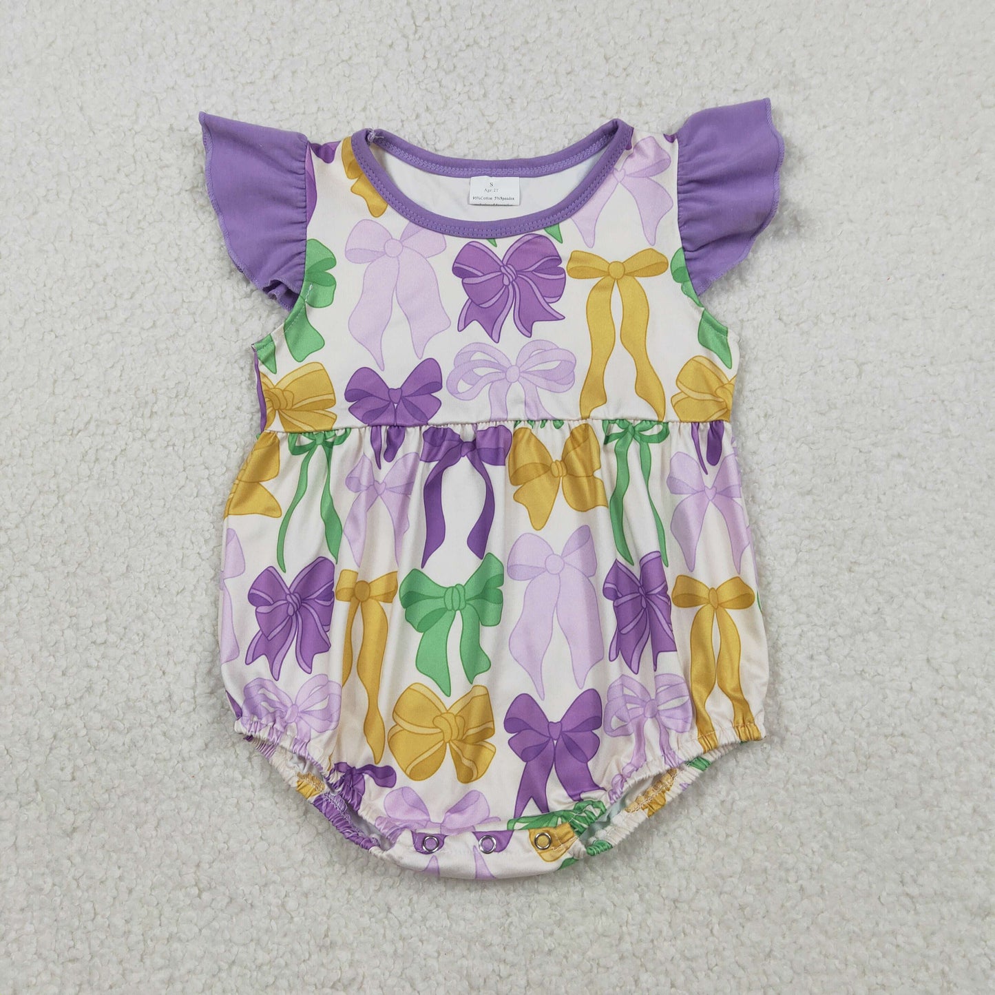 Baby Girls Infant Short Sleeves Bows Mardi Gras Bubble Romper RTS