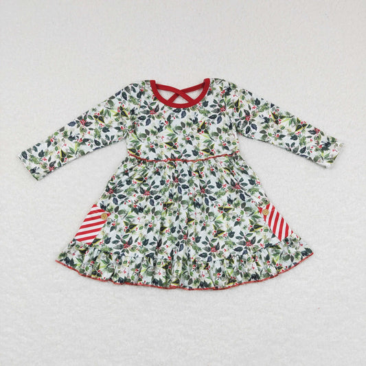 GLD0389 Baby Girl Christmas Leaves Long Sleeves Pocket Dress