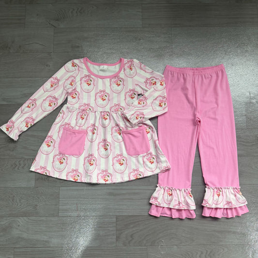 ( No moq ) Preorder Baby Girl Kids Christmas Santa Bows Stripes Pockets Tunic Pink Pants Set Clothes
