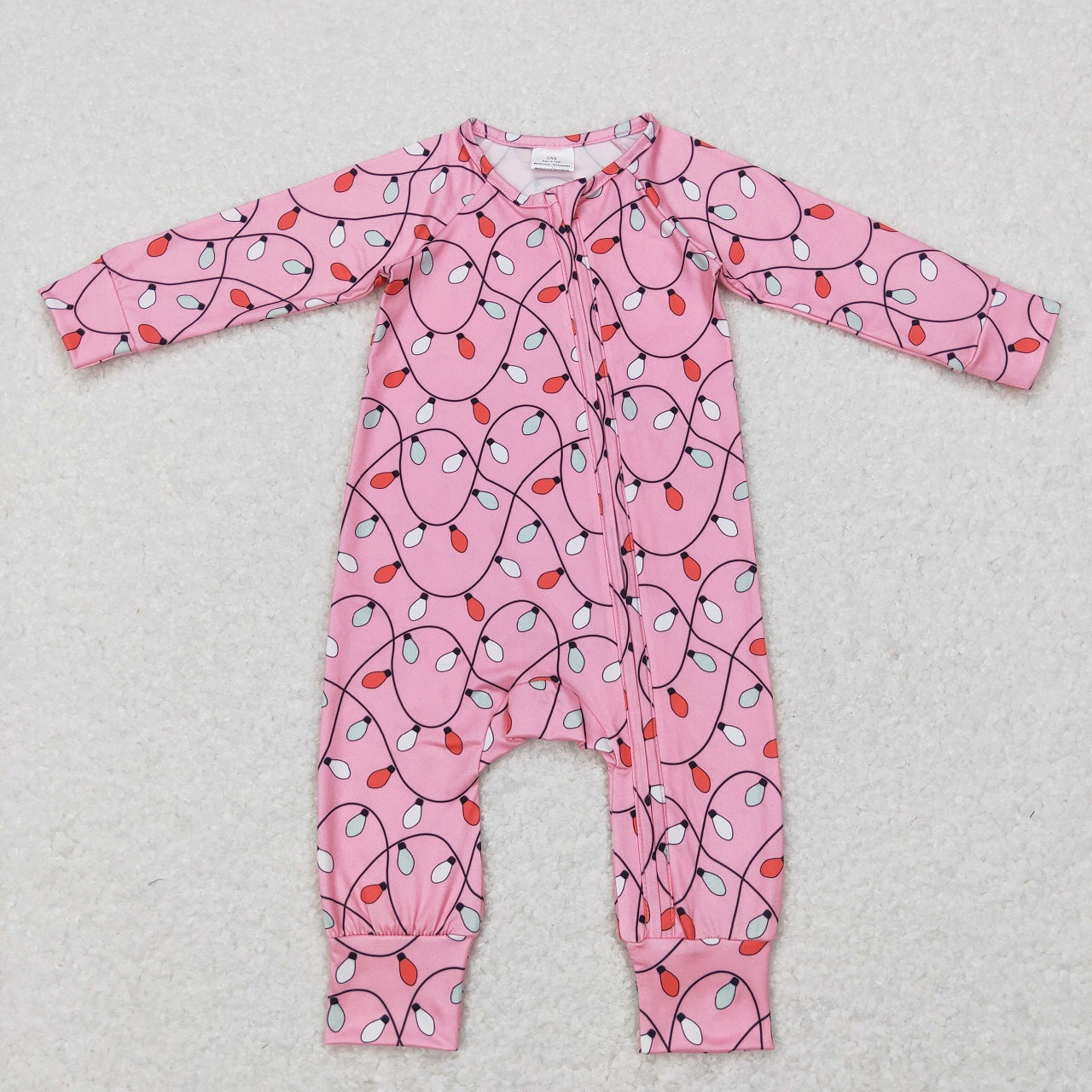 LR0757 Baby Girl Long Sleeves Christmas Lights One Piece Zipper Pink Romper