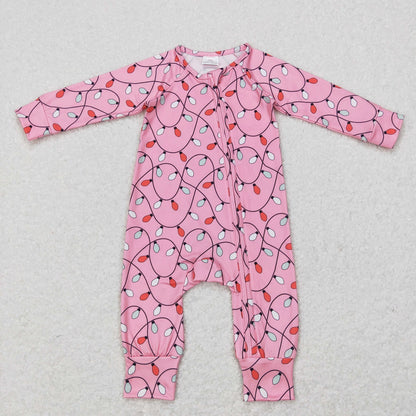 LR0757 Baby Girl Long Sleeves Christmas Lights One Piece Zipper Pink Romper