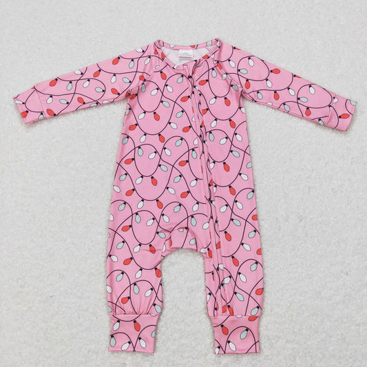 LR0757 Baby Girl Long Sleeves Christmas Lights One Piece Zipper Pink Romper