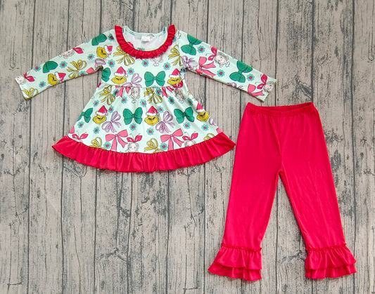 Preorder Baby Girl Long Sleeves Green Face Bows Flower Tunic Pants Christmas Set（ No moq ）