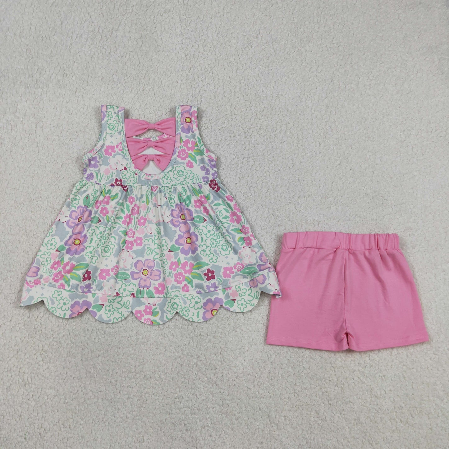 Baby Girls Kids Sleeveless Flower Bows Tops Pink Shorts Summer Set RTS