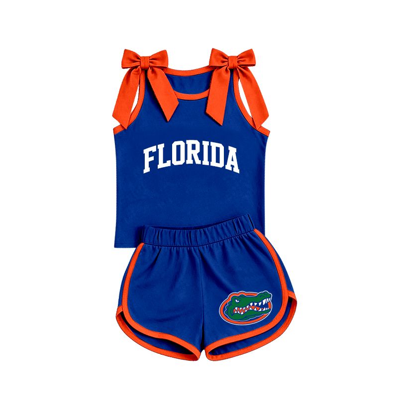 ( Moq 5 ) Preorder Baby Girls Kids Sleeveless Orange Bows Shirt Shorts Blue Set Summer Clothes