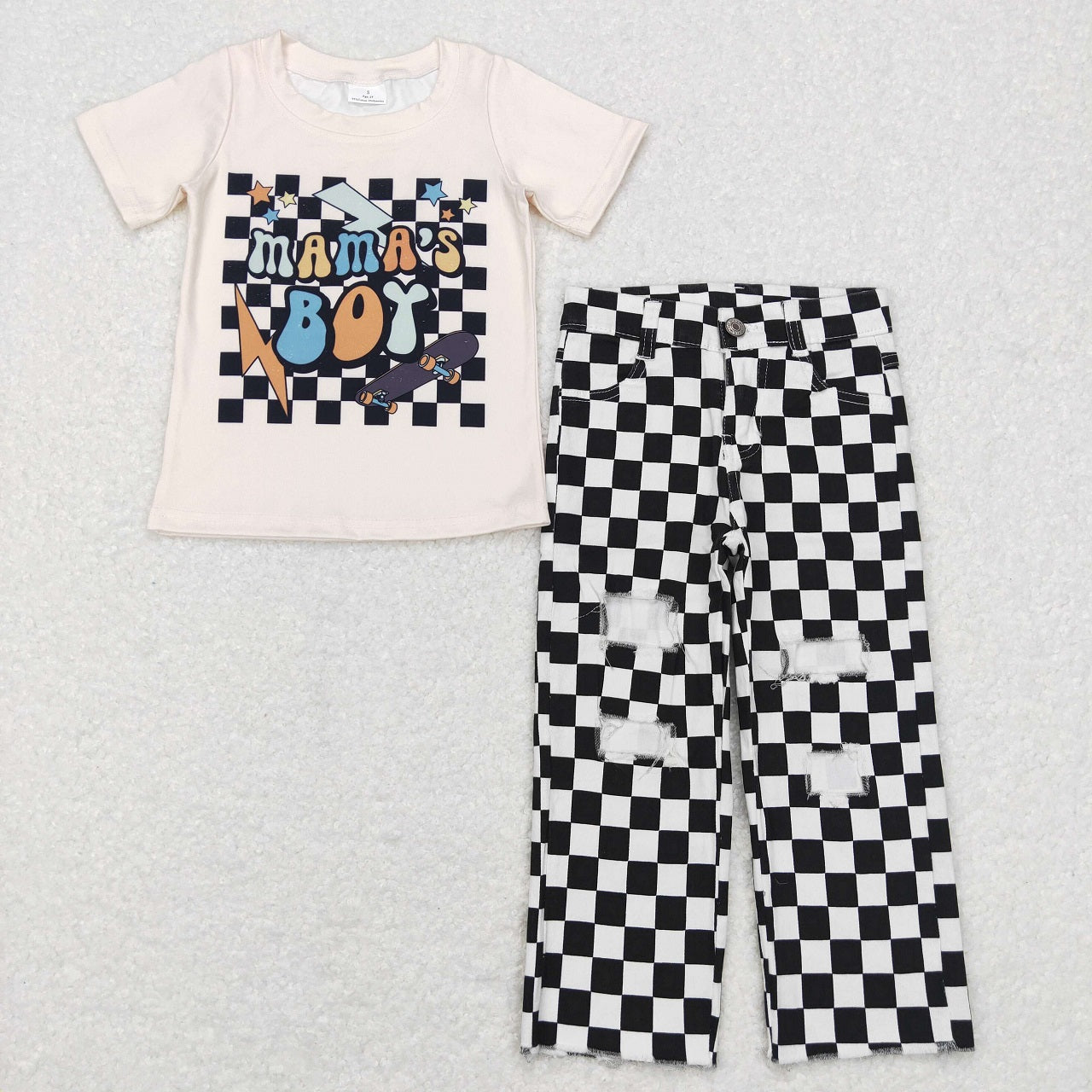 Mama's Boy Short Sleeves Shirt Checkered Denim Pants Outfit