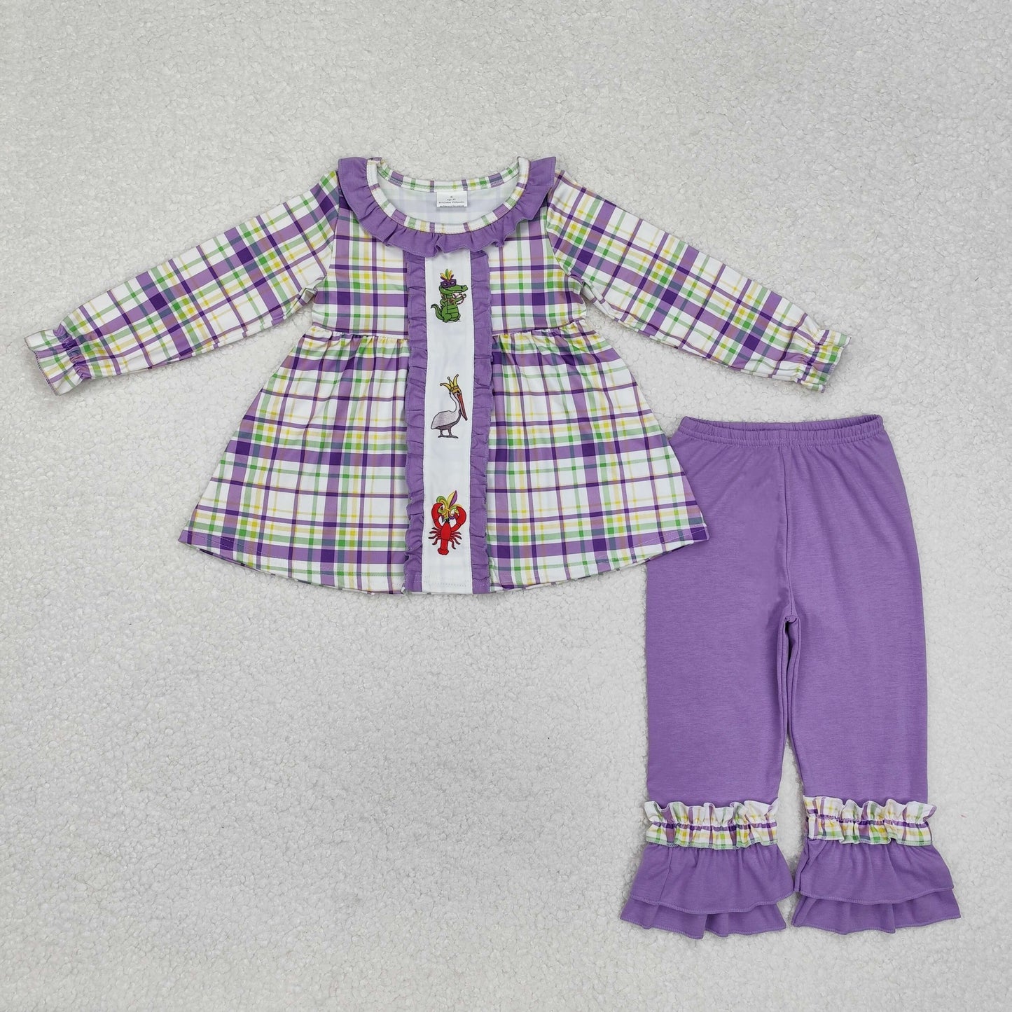 Baby Girl Mardi Gras Checkered Crawfish Tunic Ruffle Purple Pants Clothes Set