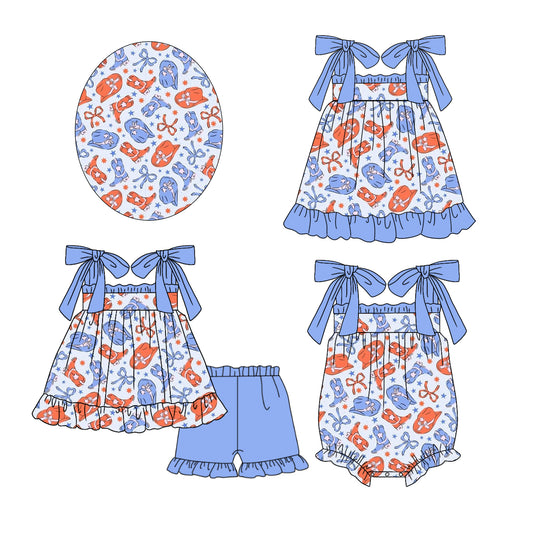 Baby Girl Western Boots Hats Bows Sibling Romper Dress Clothes Set ( Moq 5 Each Design ) 11.26