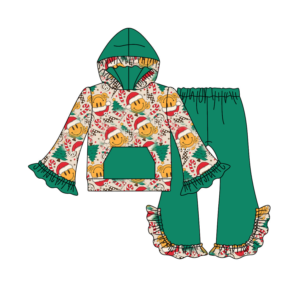 Baby Girl Christmas Smile Hoodie Tops Green Ruffle Pants Set