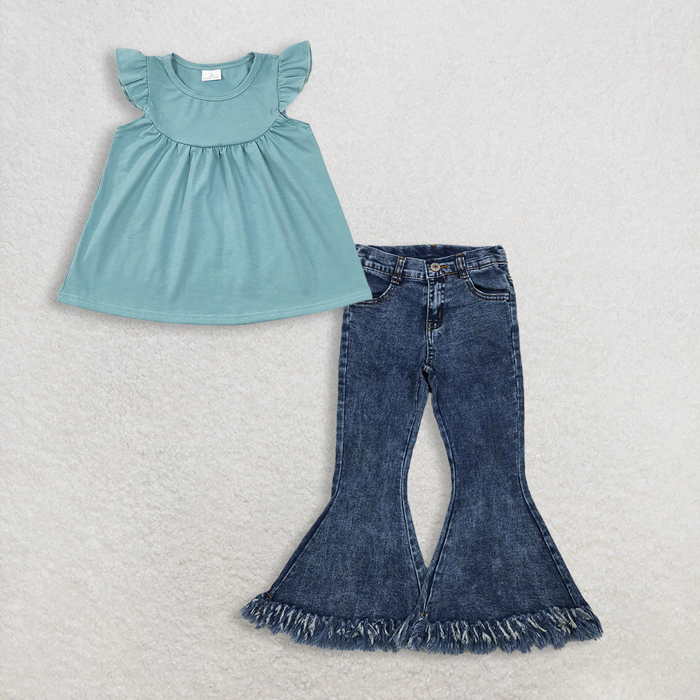 Baby Girls Kids Green Short Sleeves Tops Denim Jeans Bell Pants Set RTS