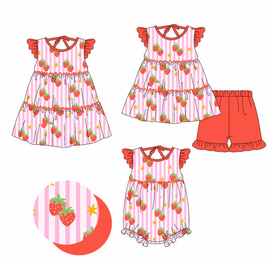 ( Moq 5 Each Style ) Baby Girls Kids Short Sleeves Strawberry Stripes Sibling Summer Romper Dress Set