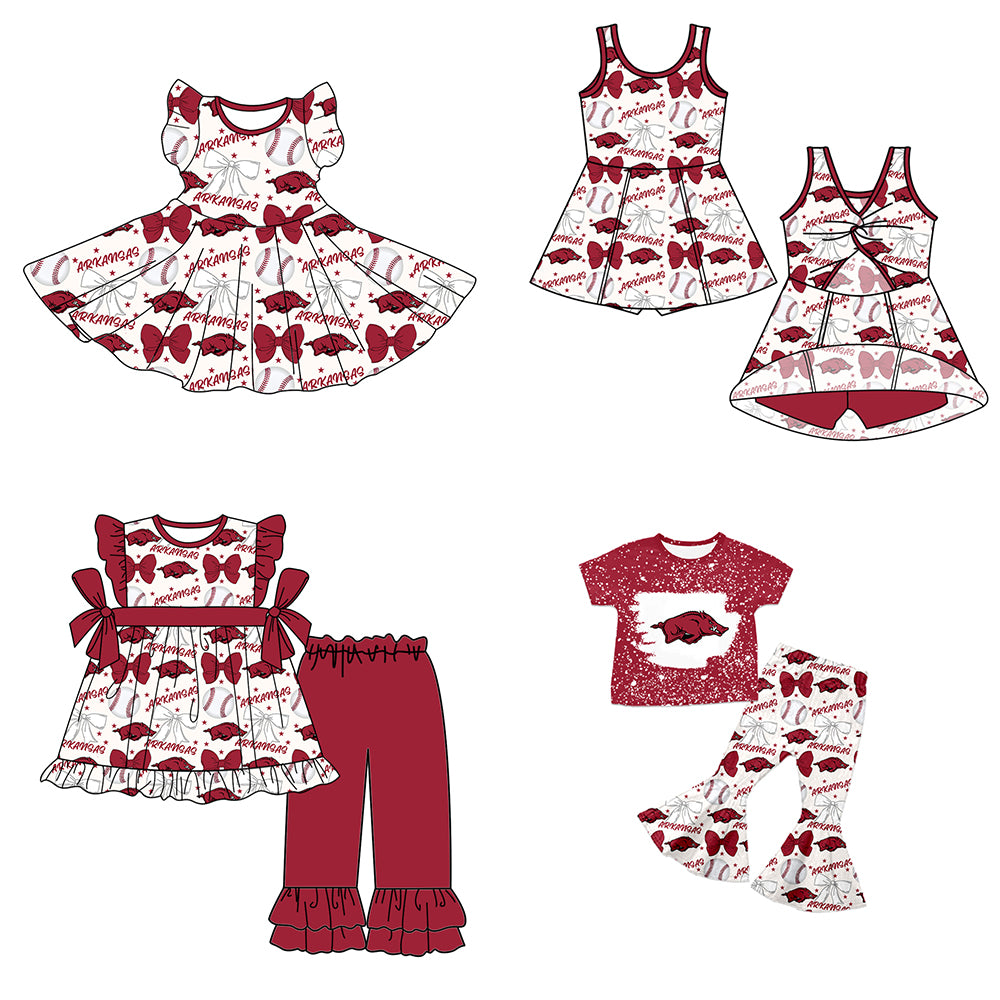 ( Moq 5 each style ) Baby Girl Toddler Team Bows Baseball Pig Sibling Dress Set