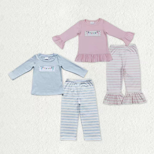 Boys Girls Embroidery Christmas Lights Shirt Pants Sibling Pajamas Set RTS