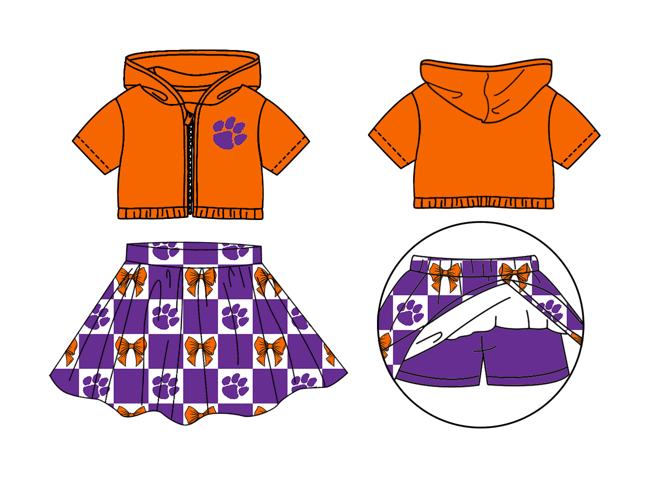 ( Moq 5 Each Style ) Baby Girls Short Sleeves Orange Hoodie Zipper Tops Bows Plaid Shorts Skirt Team Set
