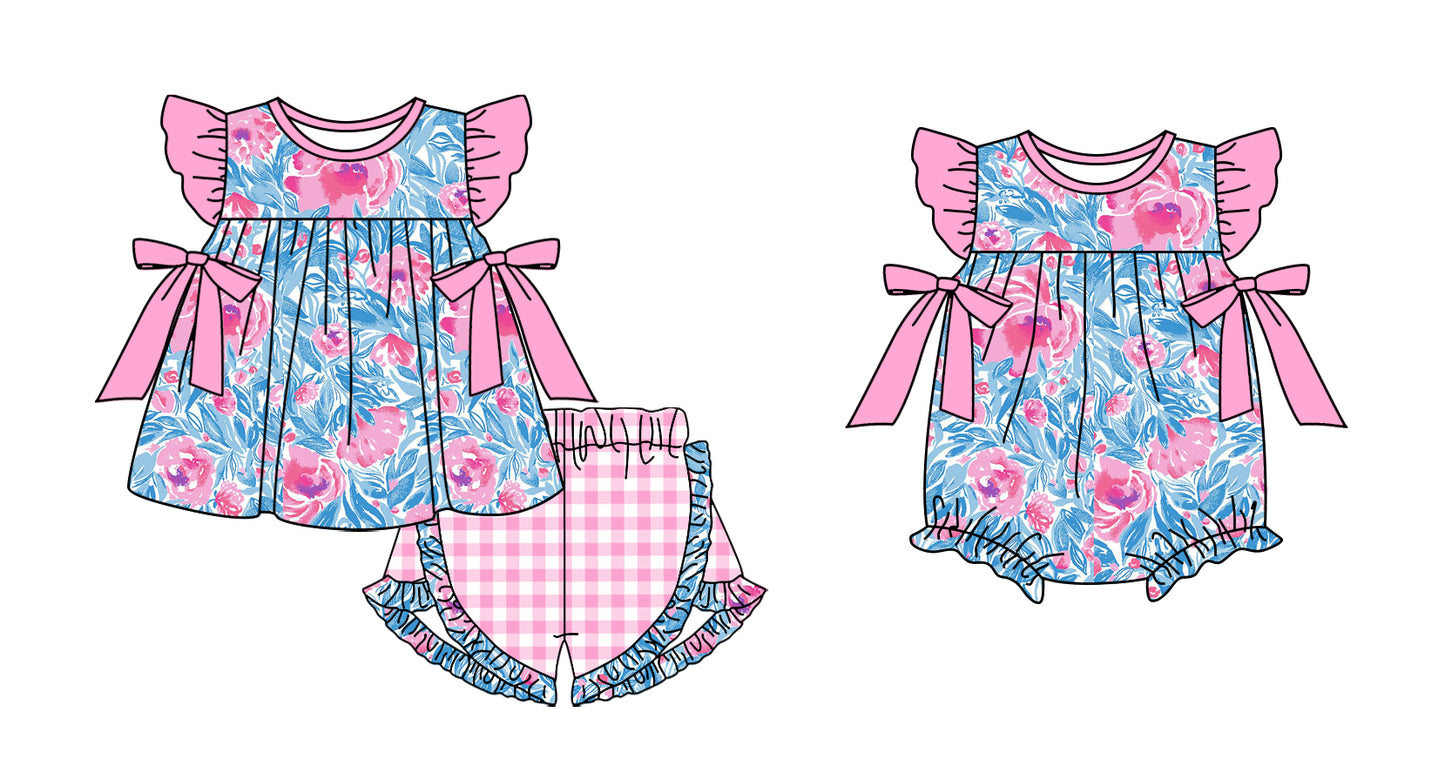 Baby Girl Short Sleeves Flower Sibling Matching Romper Clothes Set Moq 5 Each Design