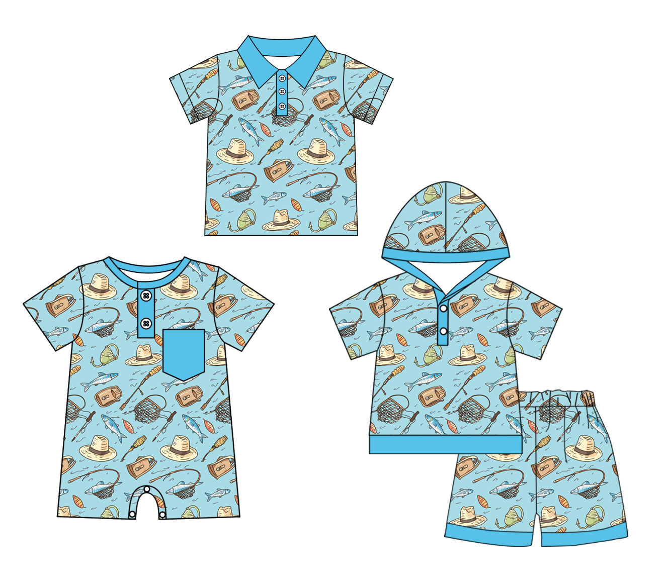 Baby Boy Short Sleeves Sibling Fishing Blue Romper Clothes Set ( Moq 5 Each Design )11.25