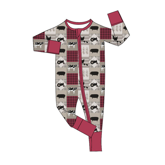 Baby Boy Infant Long Sleeves Farm Animals Tractors Zipper Romper