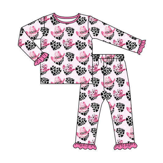 Baby Girl Long Sleeves Western Hats Hearts Shirt Pants Valentine Pajamas Set Moq 5