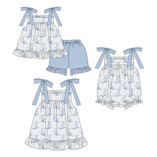 ( Moq 5 Each Style ) Sibling Baby Girls Kids Boots Flower Blue Bows Romper Dress Set Summer Clothes